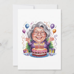 Excited Old Lady Birthday Cake Art Card