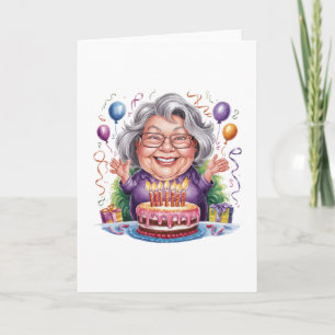 Excited Old Lady Birthday Cake Art Card