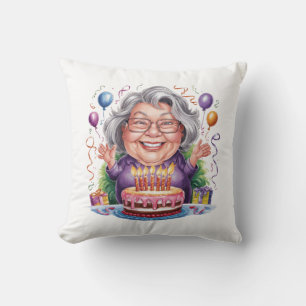 Excited Old Lady Birthday Cake Art Cushion