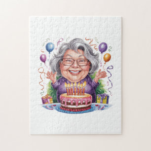 Excited Old Lady Birthday Cake Art Jigsaw Puzzle