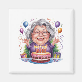 Excited Old Lady Birthday Cake Art Magnet