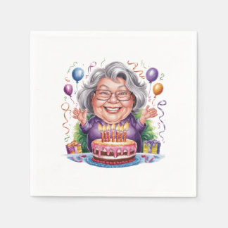 Excited Old Lady Birthday Cake Art Napkin