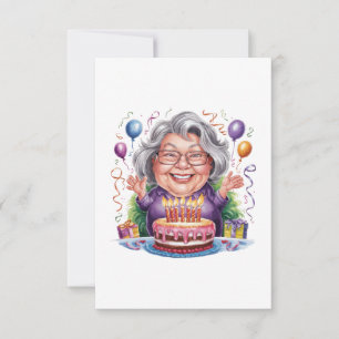 Excited Old Lady Birthday Cake Art Thank You Card