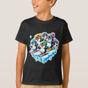Excited penguins skiing together in snow adventure T-Shirt