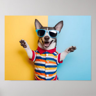 Excited Pet in Stylish Sunglasses & Vibrant Outfit Poster