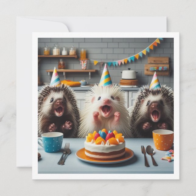 Excited porcupines celebrating birthday with cake invitation (Front)