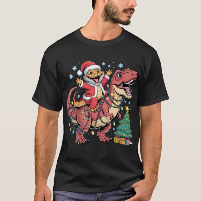 Excited Santa Lizard Riding T-Rex T-Shirt (Front)