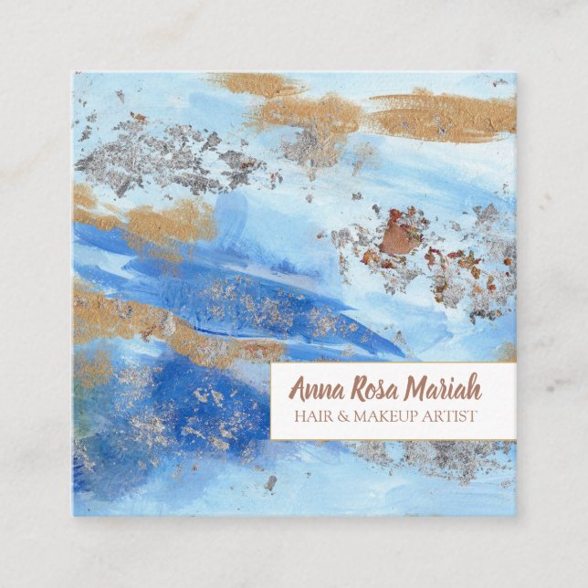 *~* Exciting Abstract Watercolor Gold Glitter Blue Square Business Card (Front)