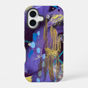 Exciting blue, purple, and gold abstract art iPhone 16 case
