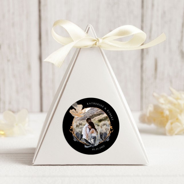 Exclusive Black Gold Floral Monogram Wedding Classic Round Sticker (Creator Uploaded)