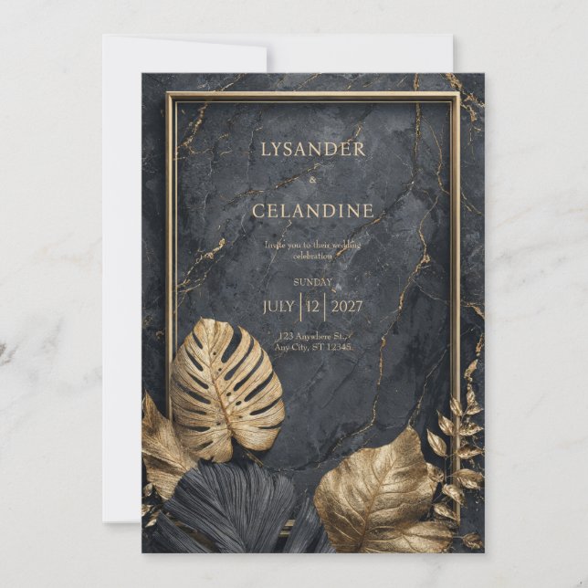 Exclusive Black Marble & Gold VIP Wedding Invitation (Front)
