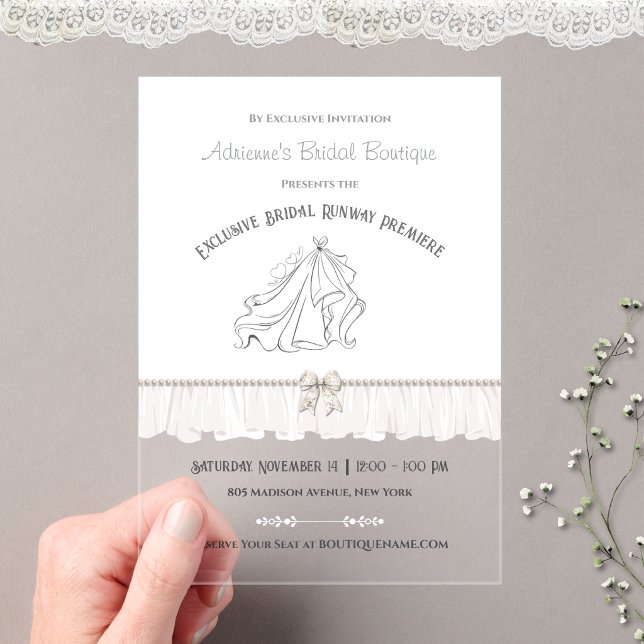Exclusive Bridal Runway Premiere Acrylic Invitations (Luxury clear acrylic bridal boutique runway invitation template featuring ruffled tulle and pearls.)