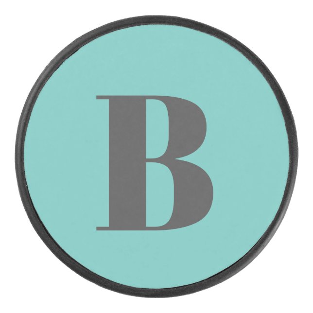 Exclusive Light Teal Grey Monogram Initial Letter Hockey Puck (Front)