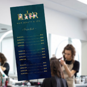 Exclusive luxury hair salon navy gold service menu