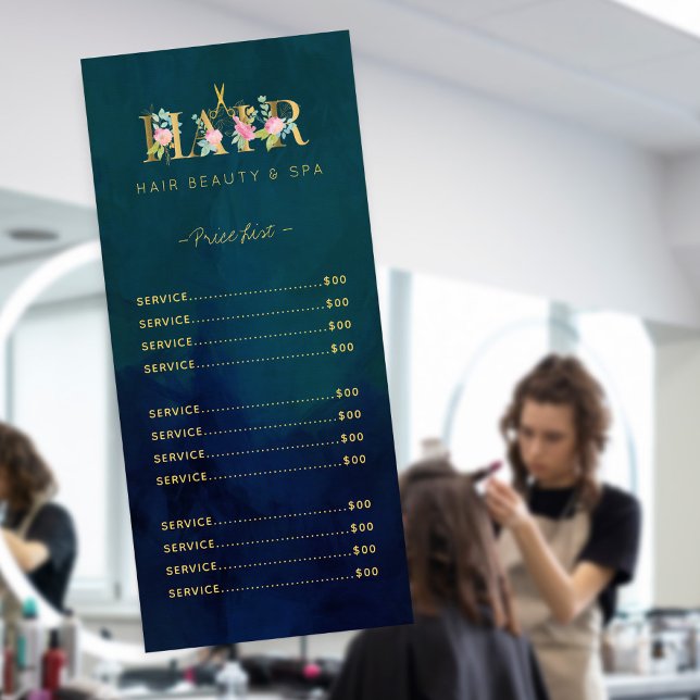 Exclusive luxury hair salon navy gold service menu (Creator Uploaded)