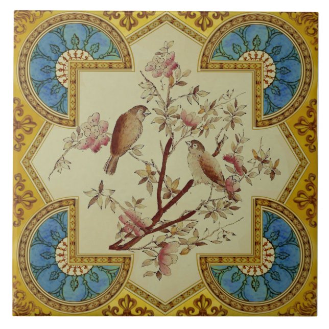 Exclusive Repro Hand Glazed Birds Victorian Tile (Front)