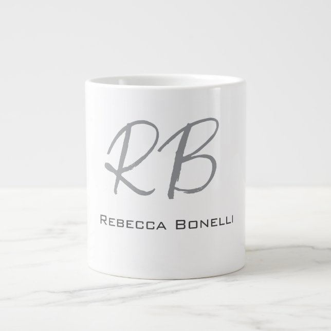 Exclusive Unique White Grey Monogram Modern Large Coffee Mug (Front)