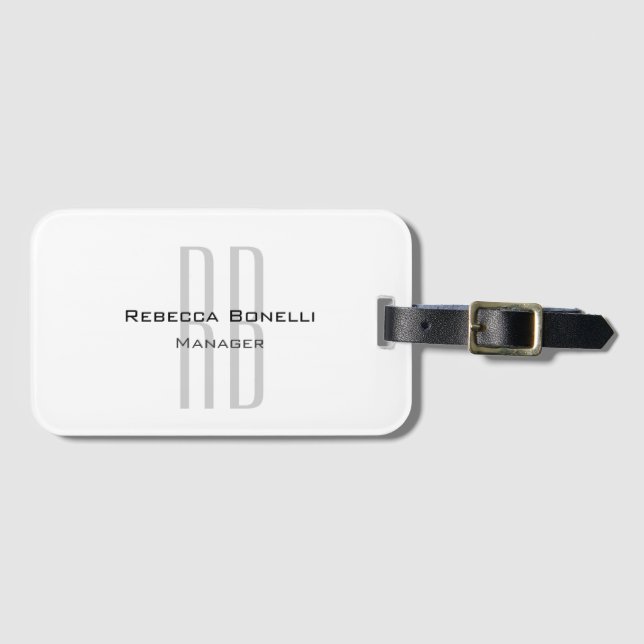 Exclusive Unique White Grey Monogram Modern Luggage Tag (Front Horizontal)