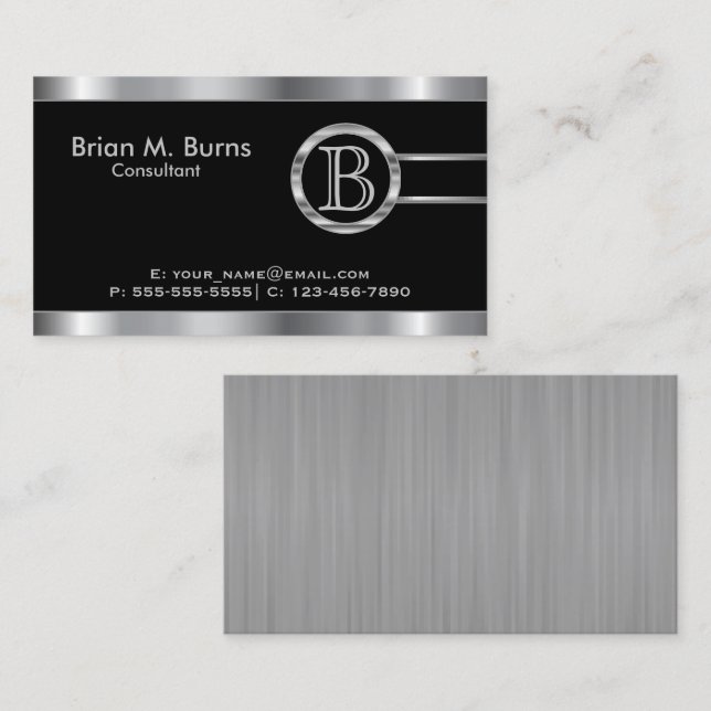 Executive Black and Silver Faux Metallic -Monogram Business Card (Front/Back)