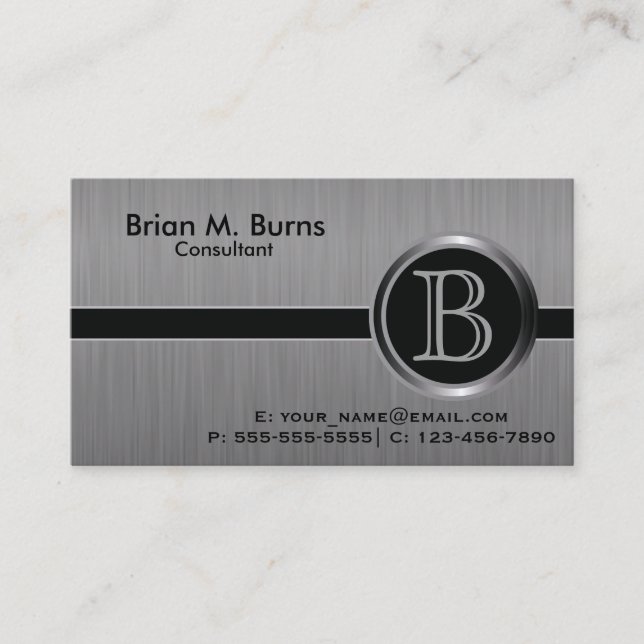 Executive Black Brush Steel Monogram Business Card (Front)