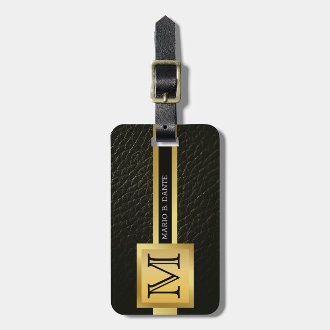 Executive Black Leather & Gold Metal monogrammed Luggage Tag (Front Vertical)