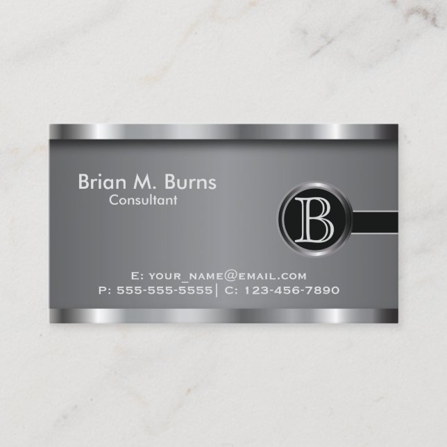 Executive Black Steel Monogram Business Card (Front)