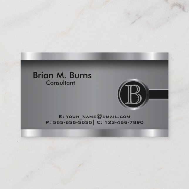 Executive Black Steel Monogram Business Card (Front)