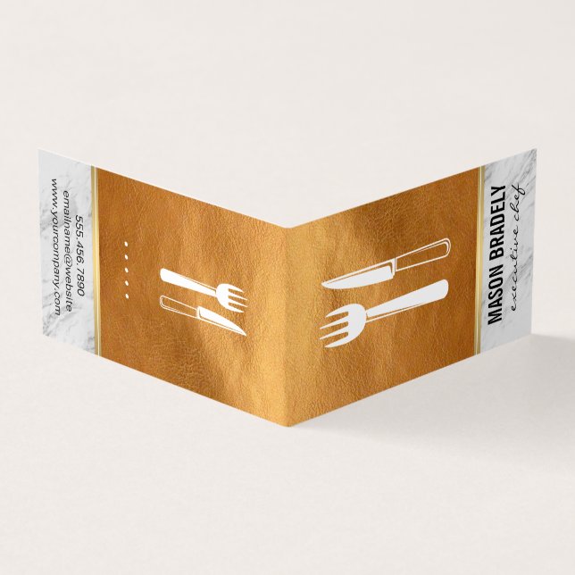Executive Chef Gold Leather Marble Trim Business Card (Outside)
