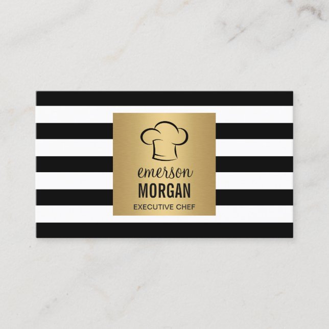 Executive Chef Hat Gold Square Black White Stripes Business Card (Front)