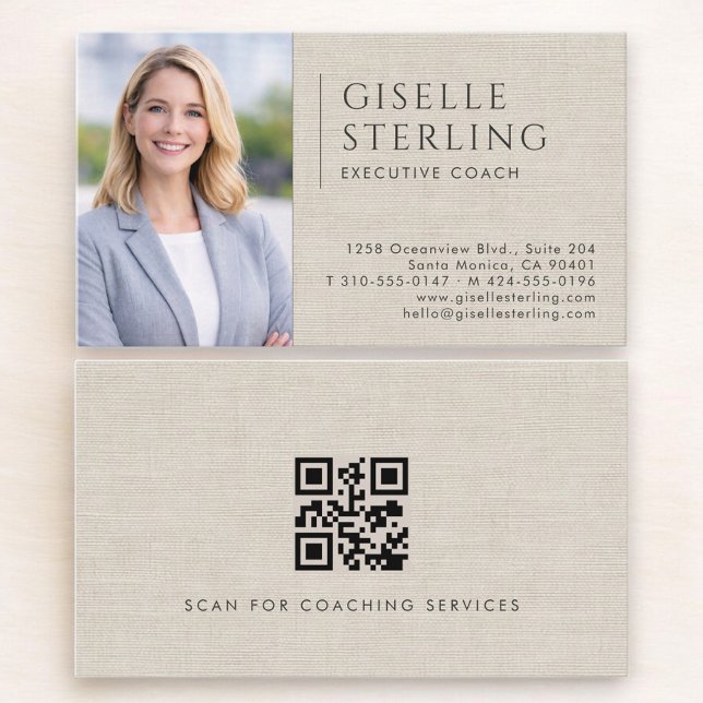 Executive Coach Linen Photo QR Code Business Card (Creator Uploaded)