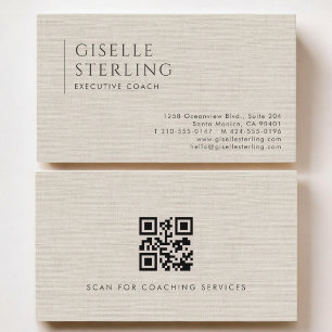 Executive Coach Luxury Neutral Linen QR Code Business Card