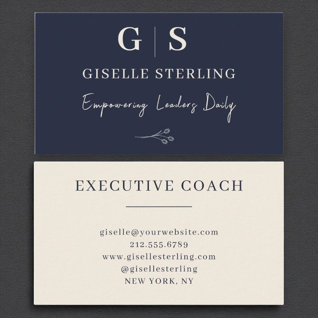 Executive Coach Monogram Elegant Navy Blue Cream Business Card (Creator Uploaded)