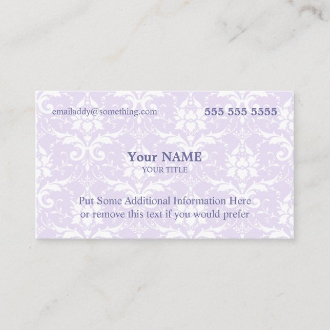 Executive Lavender and White Damask Business Card (Front)