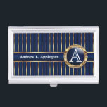 Executive Monogram - Classic Dark Blue Business Card Holder<br><div class="desc">Professional Business Card Holders ready for you to personalise. Designed in a faux gold stripe and navy blue background with a faux gold circle area to add your monogram. ✔NOTE: ONLY CHANGE THE TEMPLATE AREAS NEEDED! 😀 If needed, you can remove the text and start fresh adding whatever text and...</div>