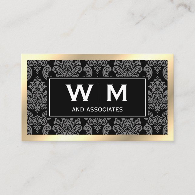 Executive Monogram Gold Border Damask Business Card (Front)