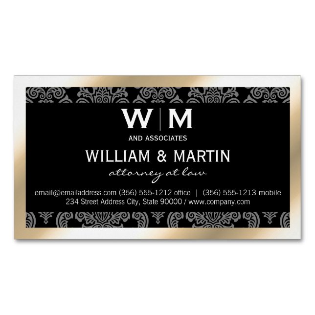 Executive Monogram Gold Border Damask Magnetic Business Card (Front)