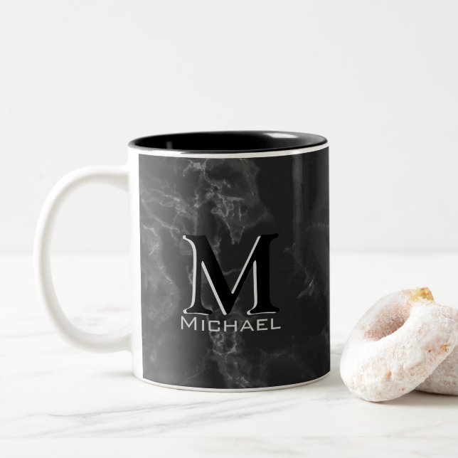 Executive Monogram White Black Marble Two-Tone Coffee Mug (With Donut)