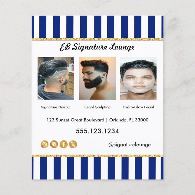 Executive Navy Blue Stripes, Gold & Barber Service Flyer (Front)