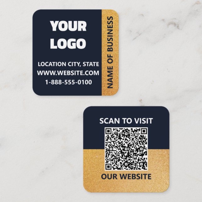 Executive Navy Gold QR Code Square Business Card | (Front/Back)