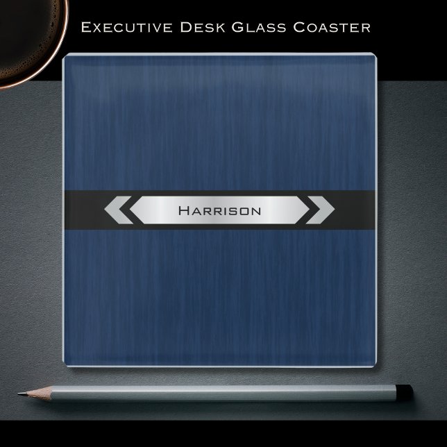 Executive Office Blue Silver Desk Accessory Glass Coaster (Instantly upgrade your executive workspace with this commanding Navy Blue Glass Coaster.)