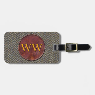 Executive Travel Tweed + Leather Custom Monogram Luggage Tag