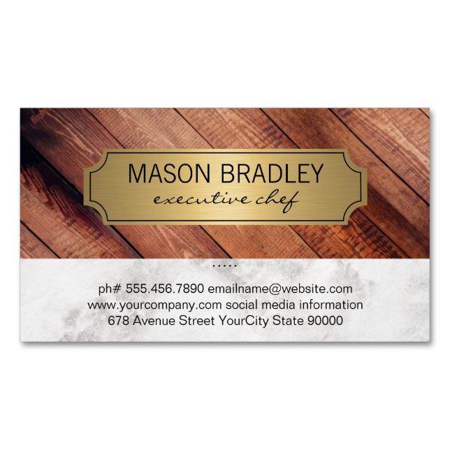 Executive Wood and Marble Gold Frame Magnetic Business Card (Front)