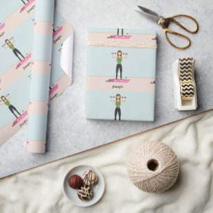Exercising Girl Illustration Pattern & Custom Name Wrapping Paper