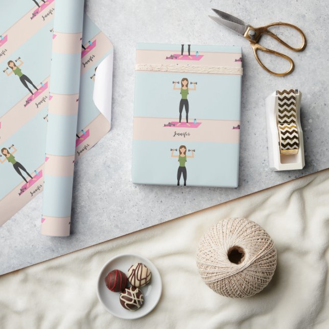 Exercising Girl Illustration Pattern & Custom Name Wrapping Paper (Crafts)