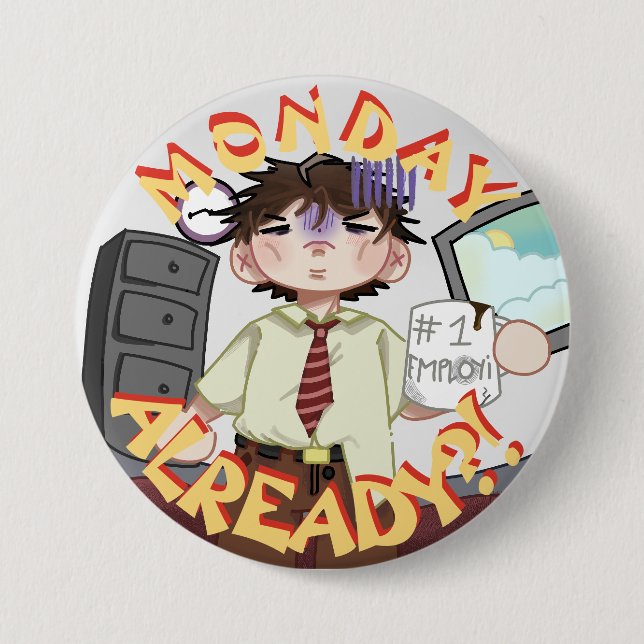 Exhausted Chibi Character, Office Themed Button (Front)