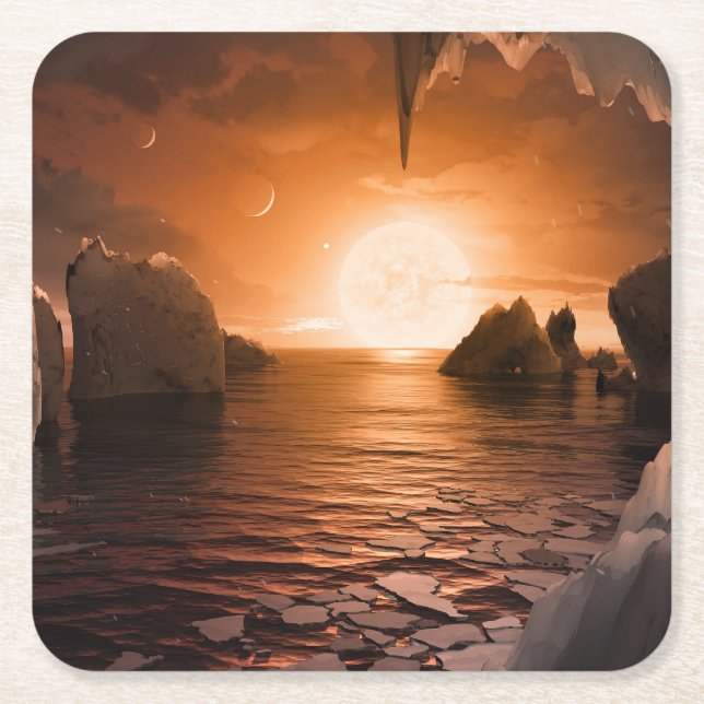 Exoplanet Trappist-1f From Its Icy Night Side. Square Paper Coaster (Front)