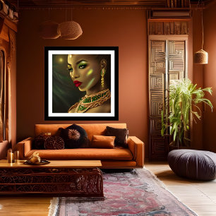 Exotic African Glamourous woman red lips green gem Poster