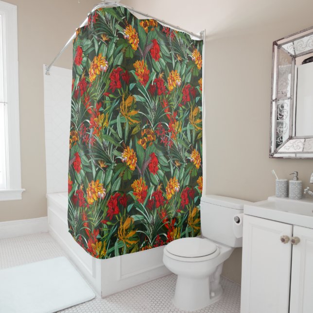 Exotic Aloha Jungle Flowers and Leaves Pattern Shower Curtain (In Situ)