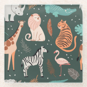 Exotic Animals: Dark Tropical Kids' Pattern. Glass Coaster