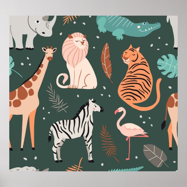 Exotic Animals: Dark Tropical Kids' Pattern. Poster (Front)